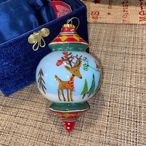 2010 Pier 1 Reindeer Glass Ornament Hand Painted Teardrop